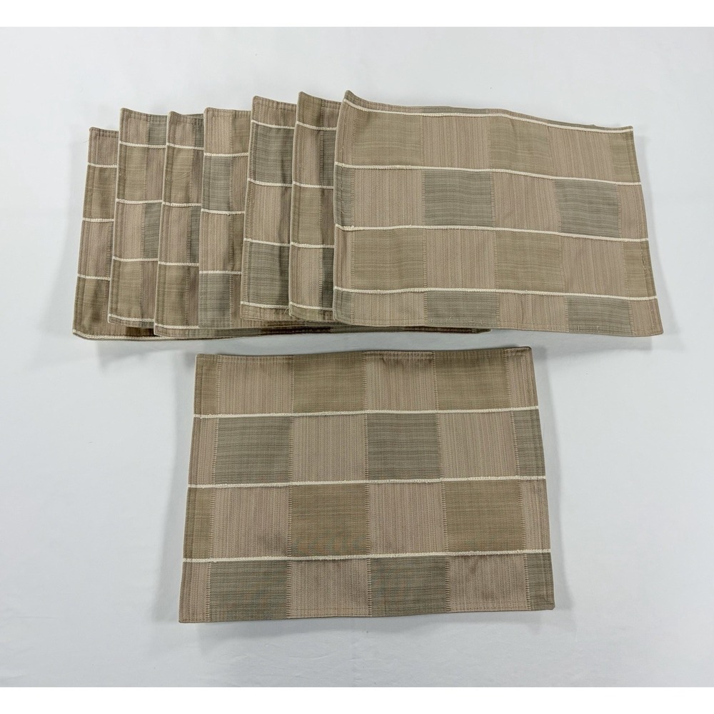 Vintage Woven Checkered Placemats Earth Tone Mid Century Tan Gray Set of 8